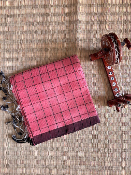 Peach & Charcoal Handwoven Mangalagiri Cotton Saree
