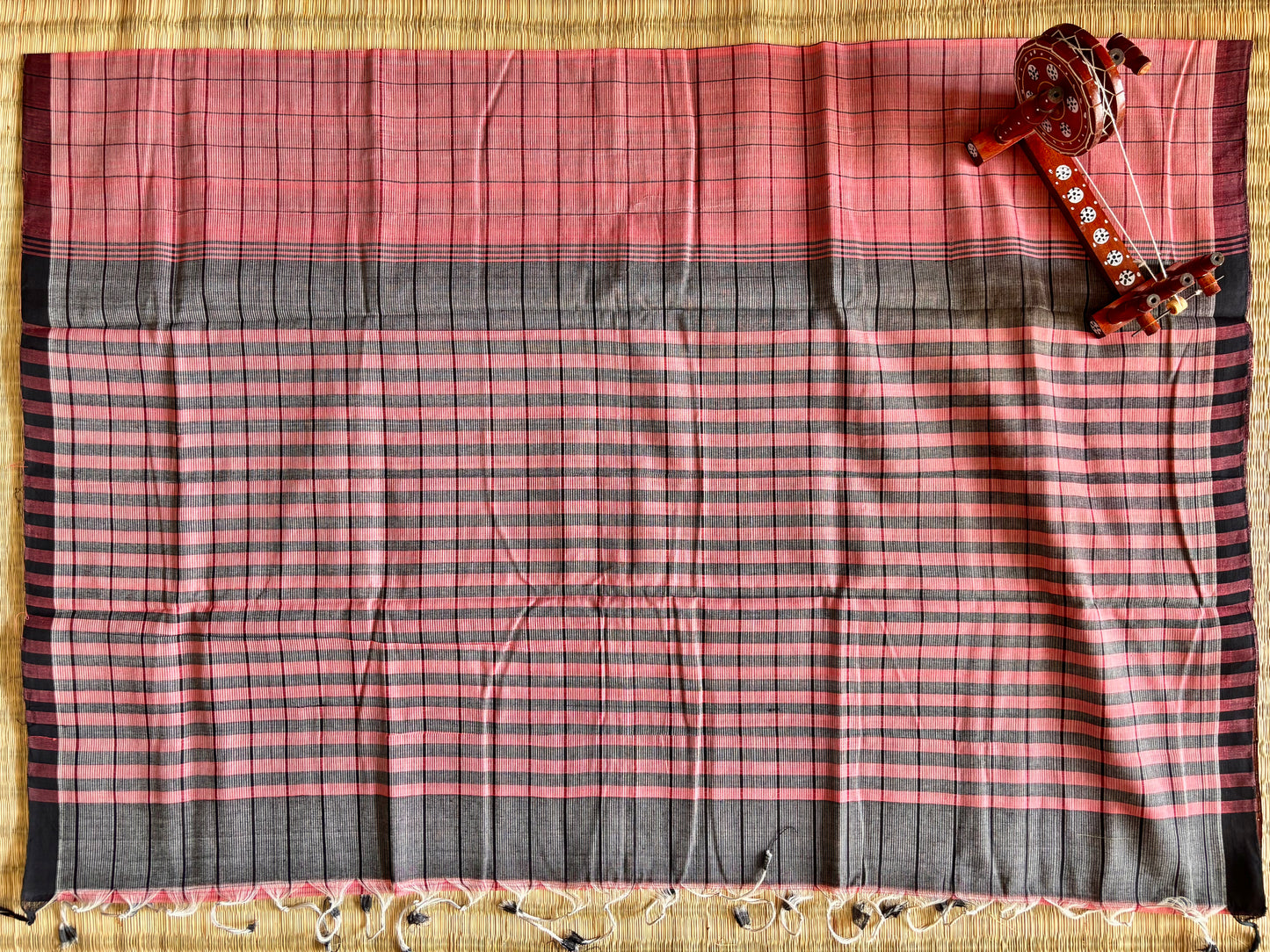 Peach & Charcoal Handwoven Mangalagiri Cotton Saree