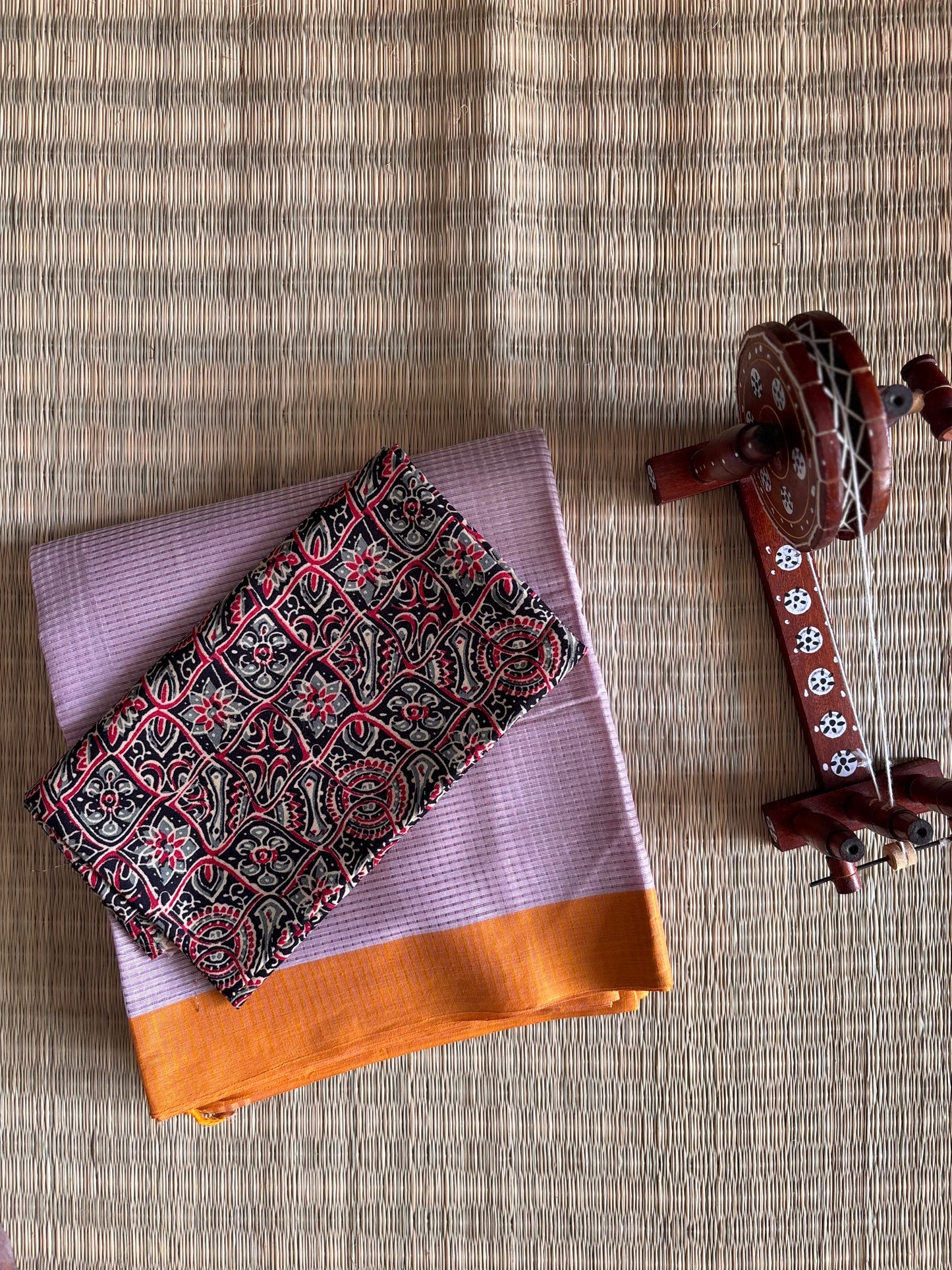 Lilac Mangalagiri Cotton Saree with Orange Border