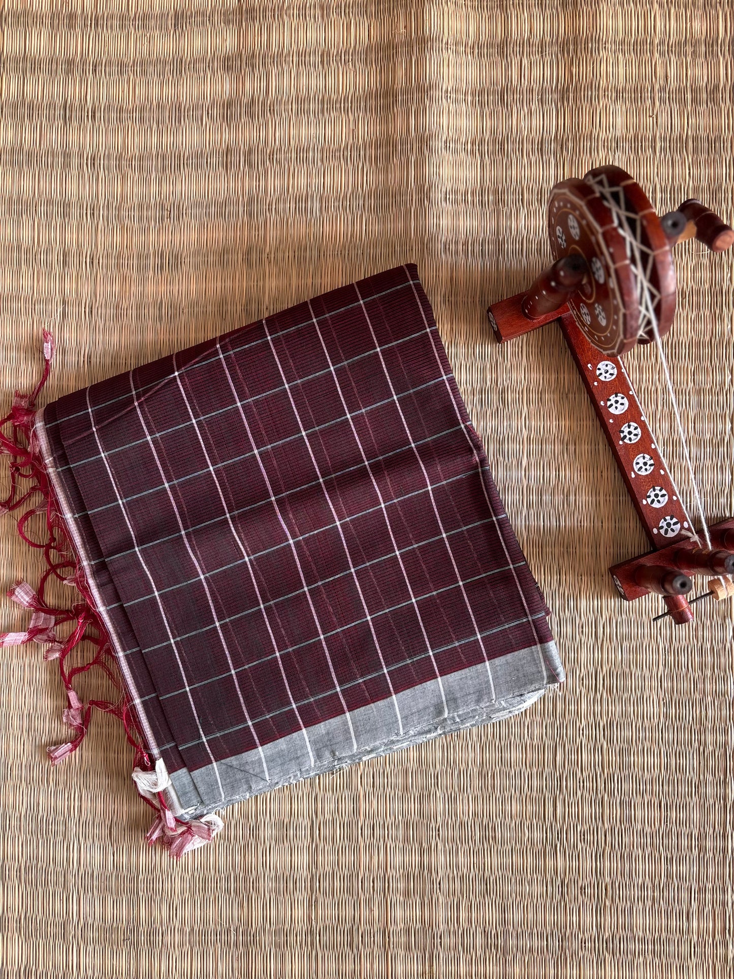 Maroon Mangalagiri Handloom Cotton Saree with Checks
