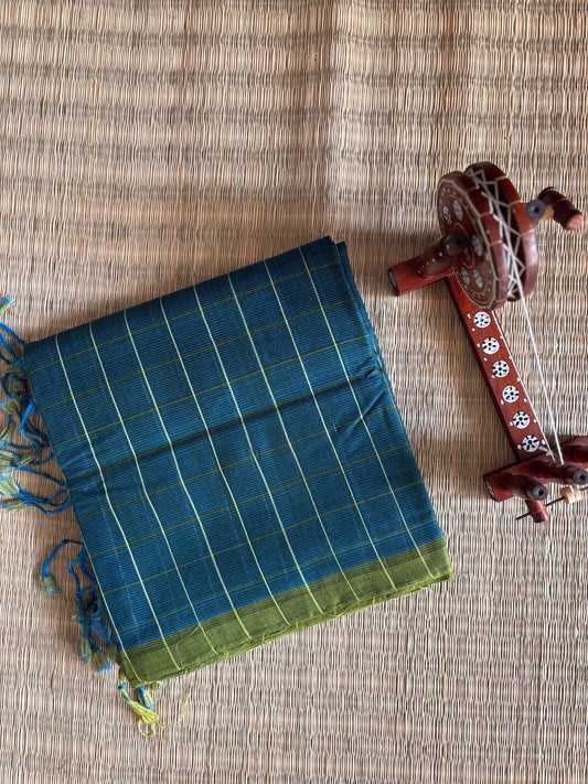 Cobalt Blue Mangalagiri Handloom Cotton Saree with Checks