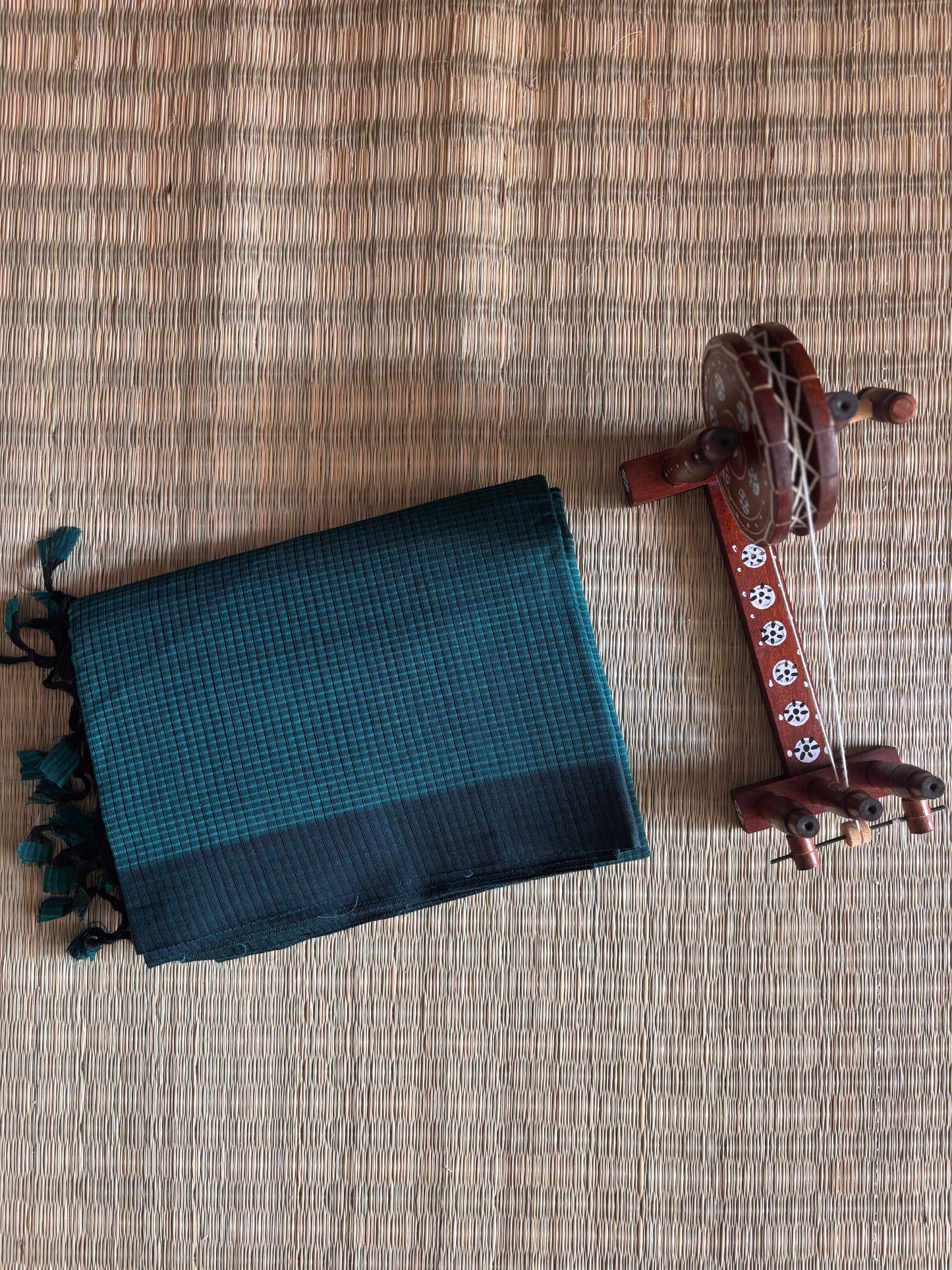 Dark Blue Plain Mangalagiri Cotton Saree with Kalamkari Blouse