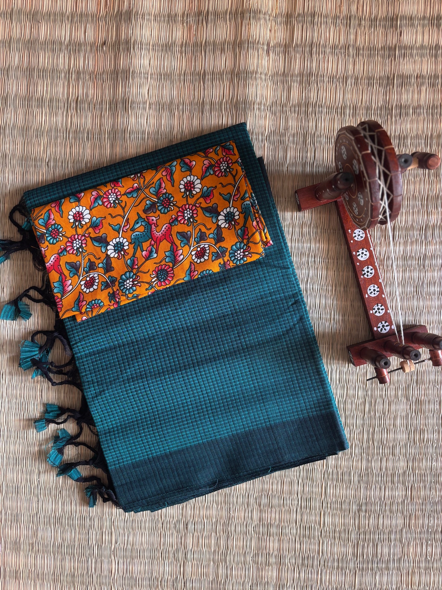 Dark Blue Plain Mangalagiri Cotton Saree with Kalamkari Blouse