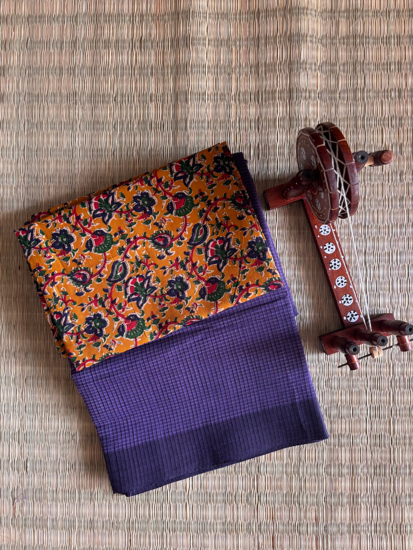 Purple Mangalagiri Cotton Saree with Kalamkari Blouse
