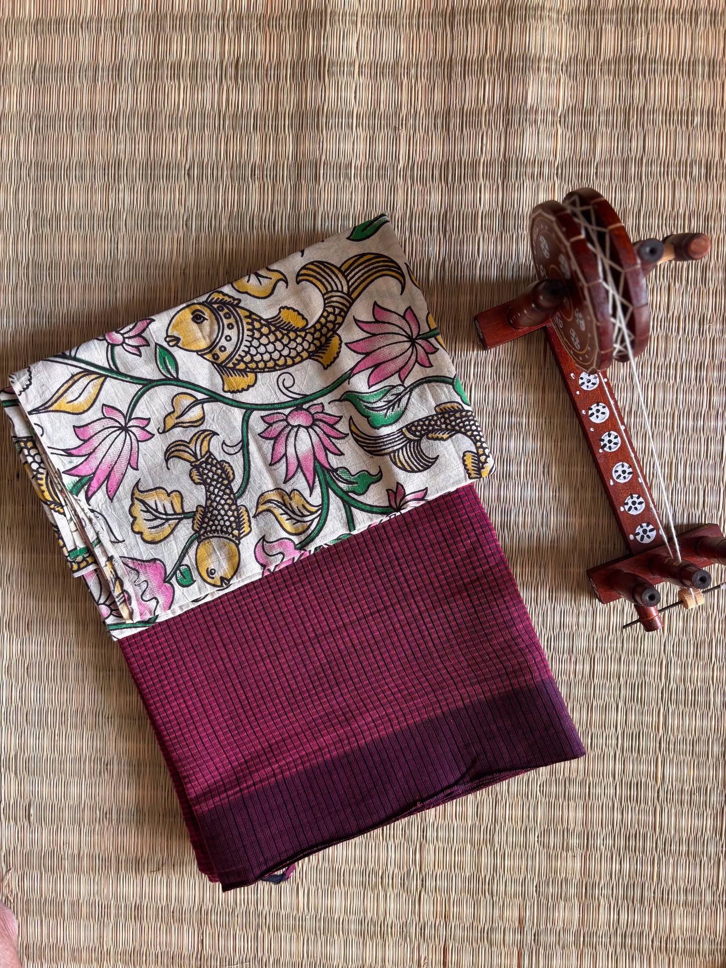 Dark Pink Plain Mangalagiri Cotton Saree with Kalamkari Blouse