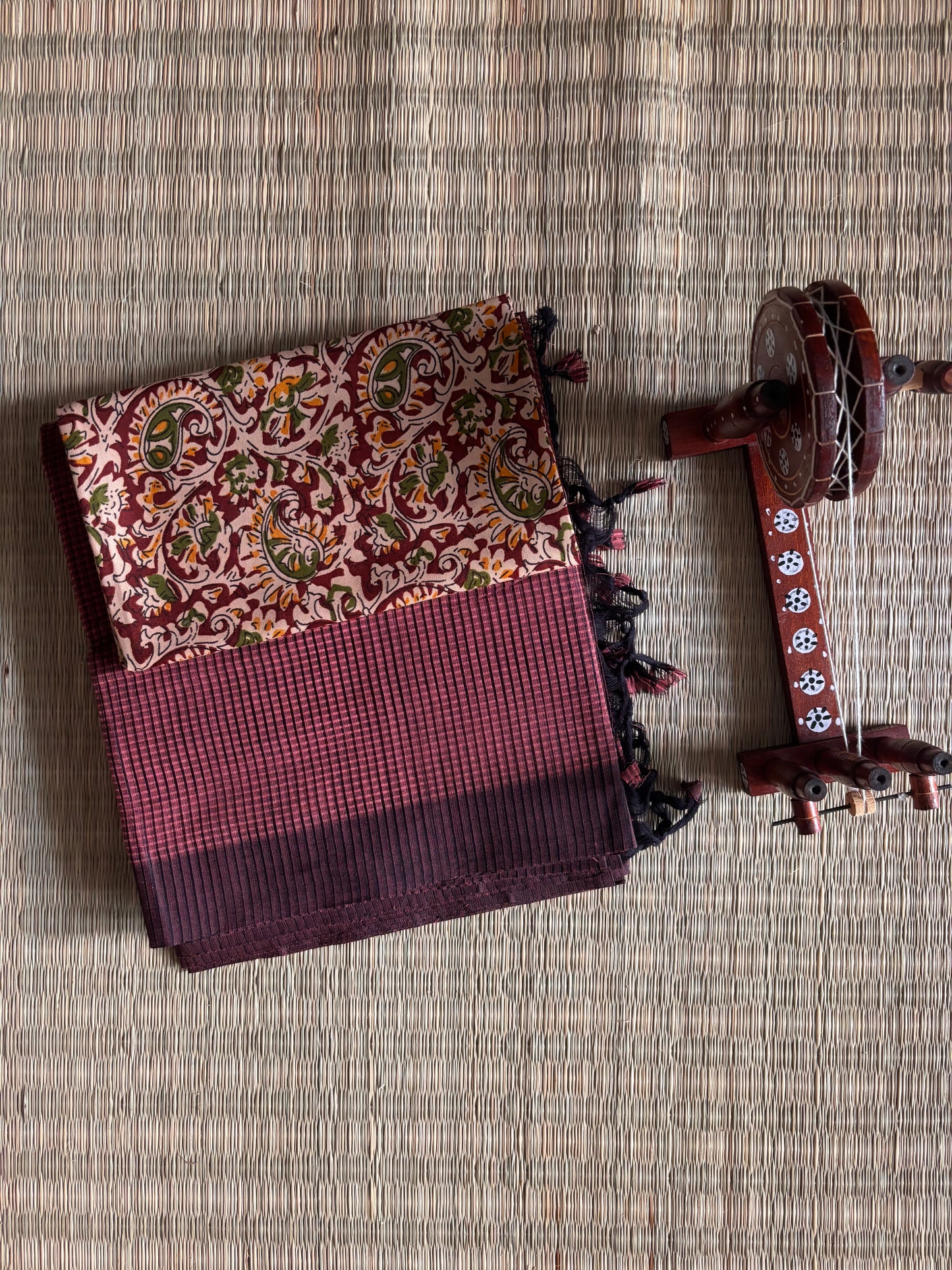 Dark Brown Mangalagiri Cotton Saree with Kalamkari Blouse