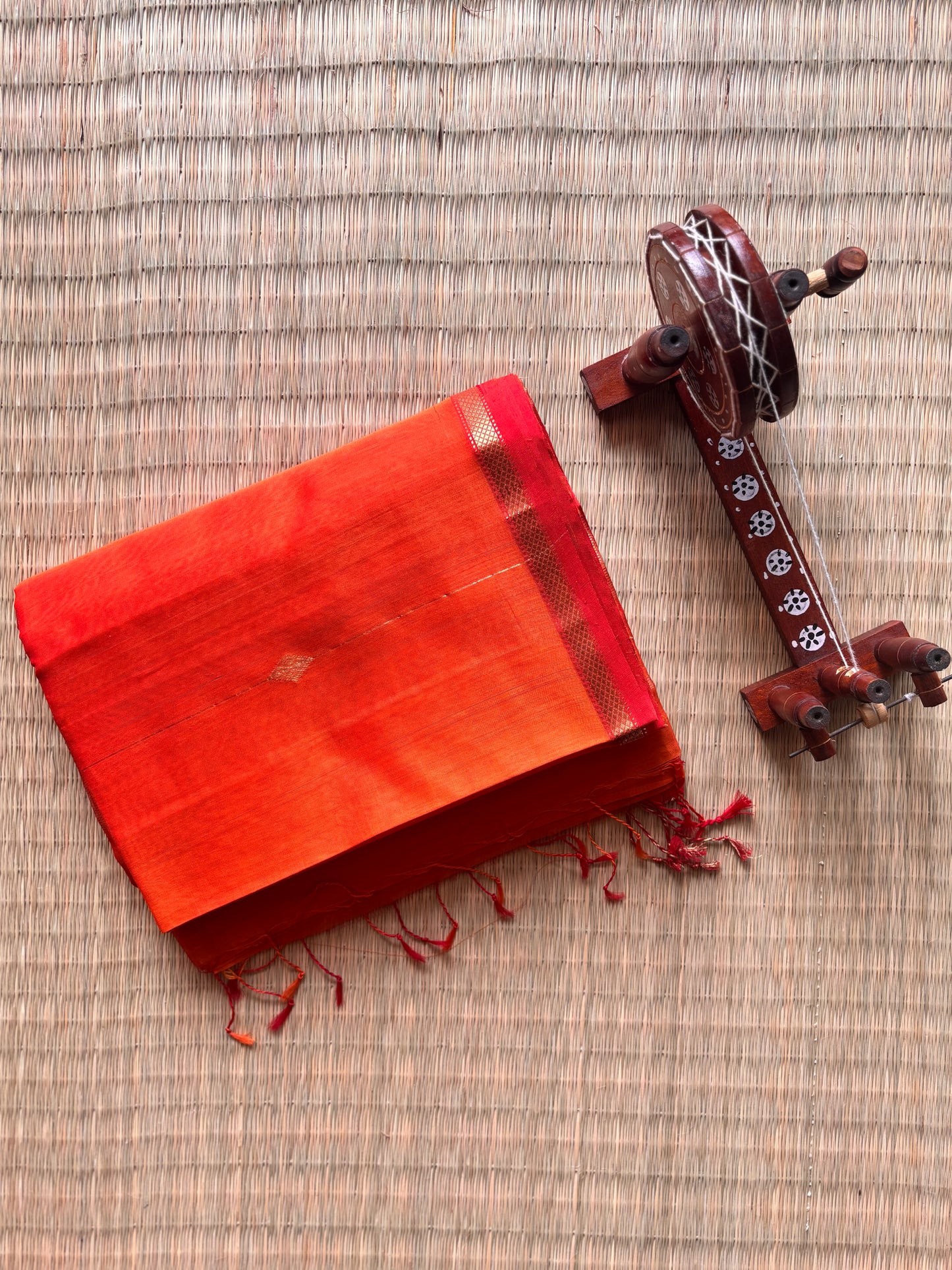 Dual Tone Orange Maheshwari Saree with Gold Zari