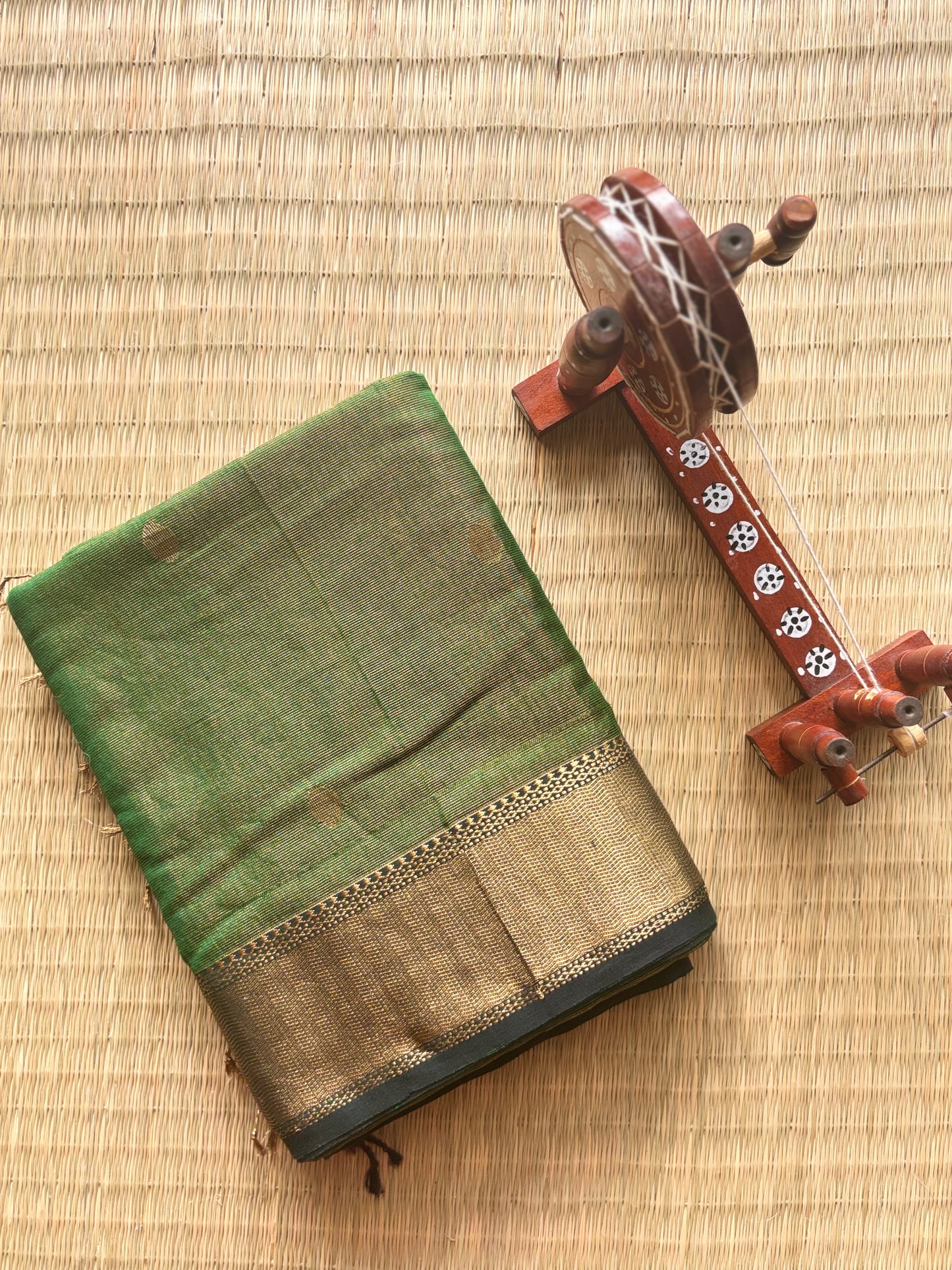 Bottle Green Pure Tissue Maheshwari Saree with Butas