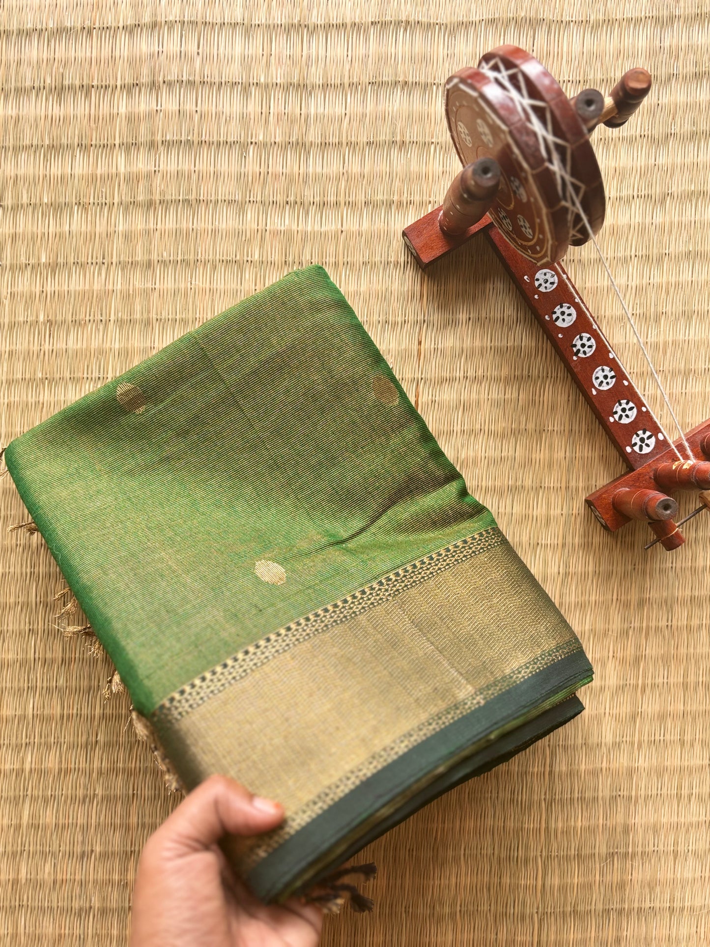 Bottle Green Pure Tissue Maheshwari Saree with Butas
