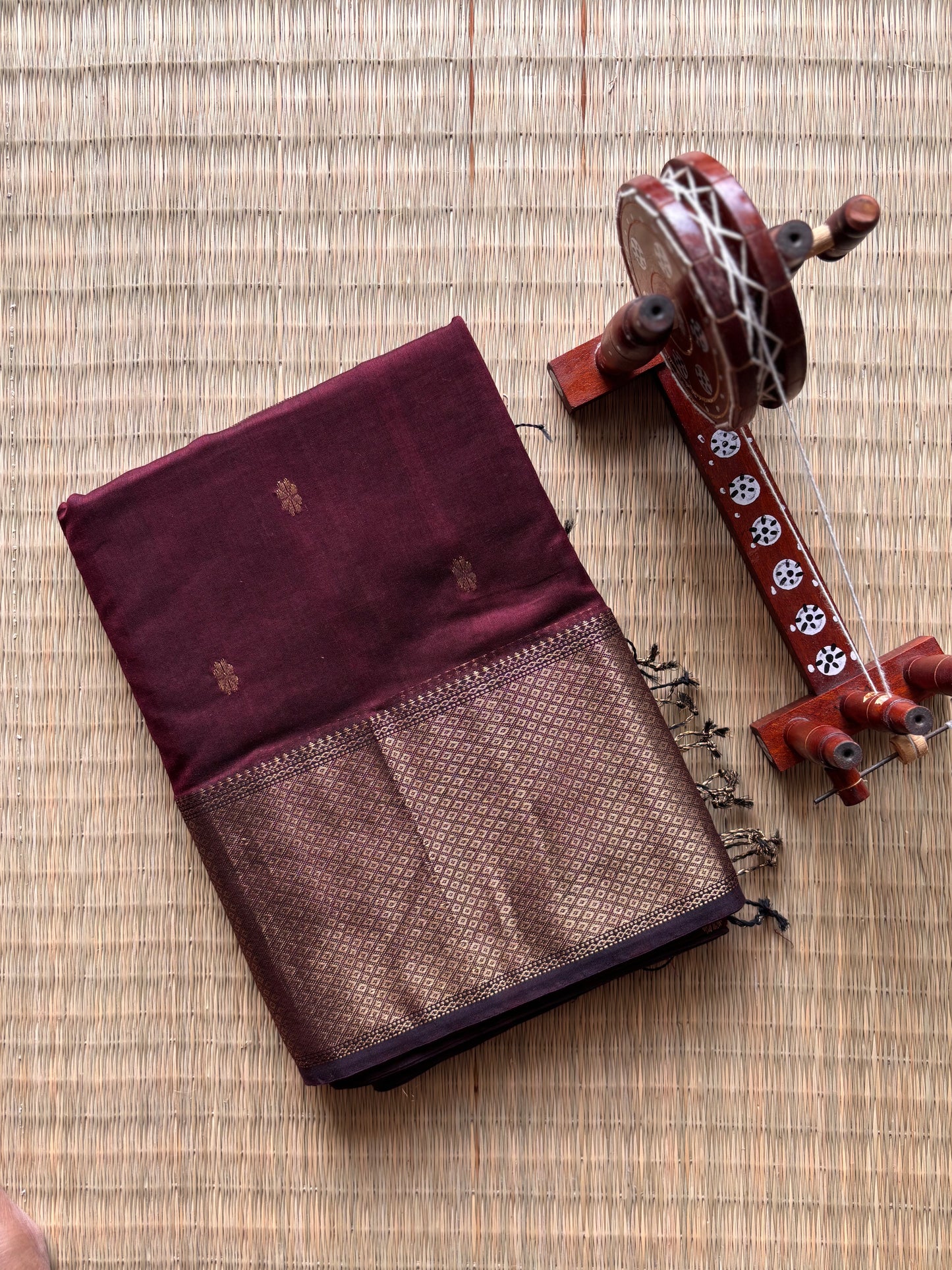 Maroon Maheshwari Saree with Heavy Zari Border