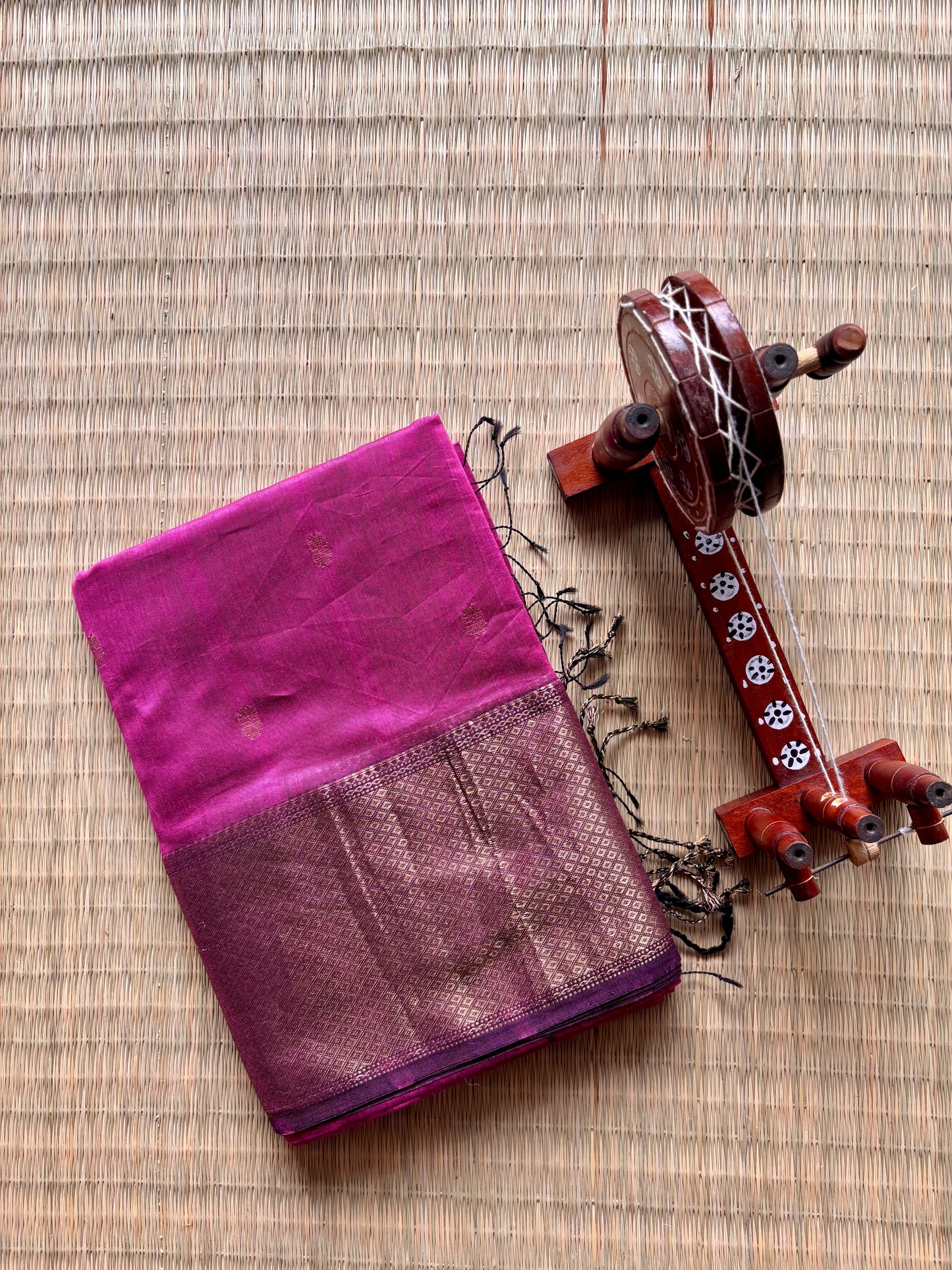 Fuchsia Pink Maheshwari Saree with Heavy Zari Border