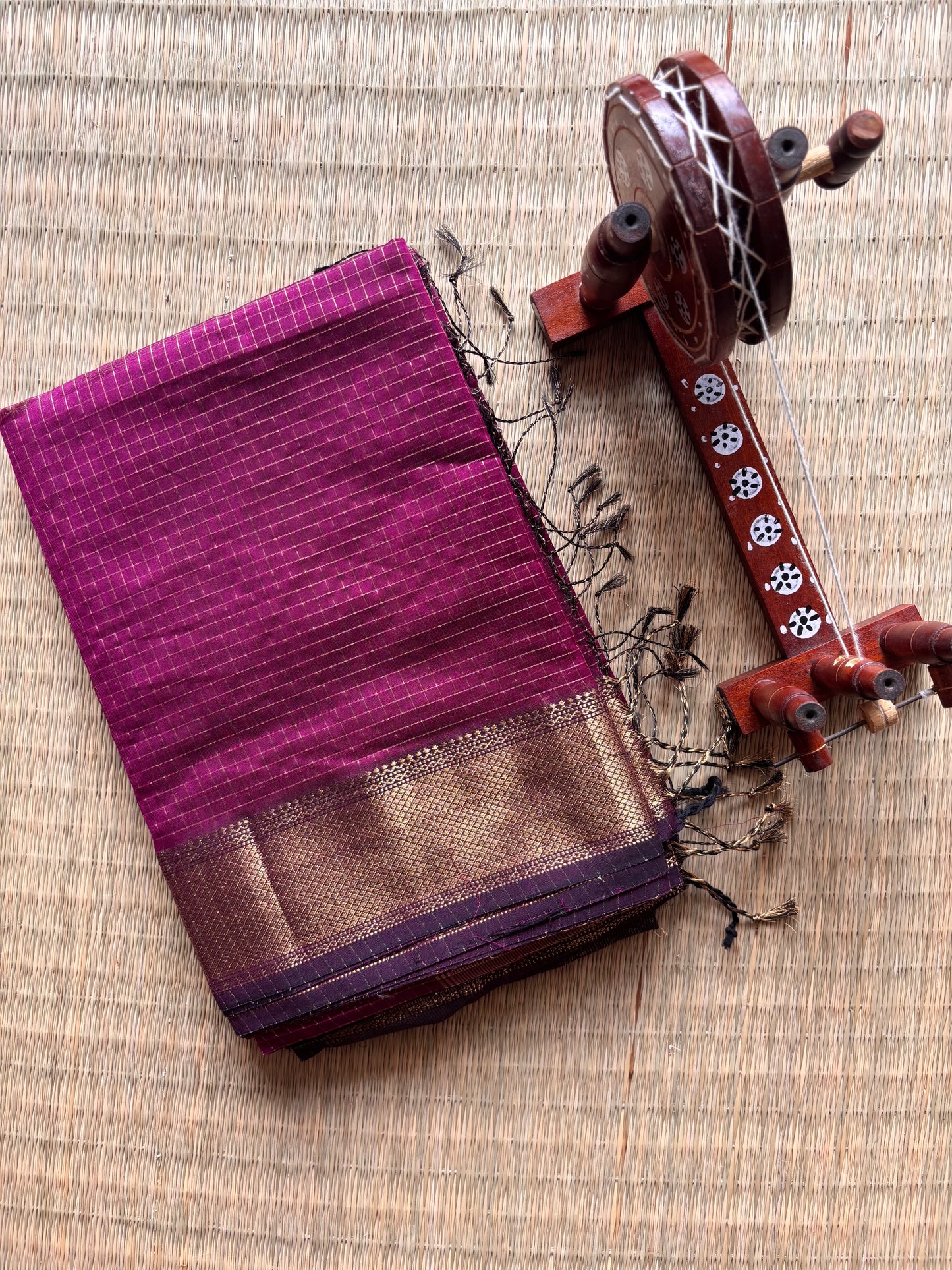 Rani Pink Maheshwari Tissue Saree With Checks