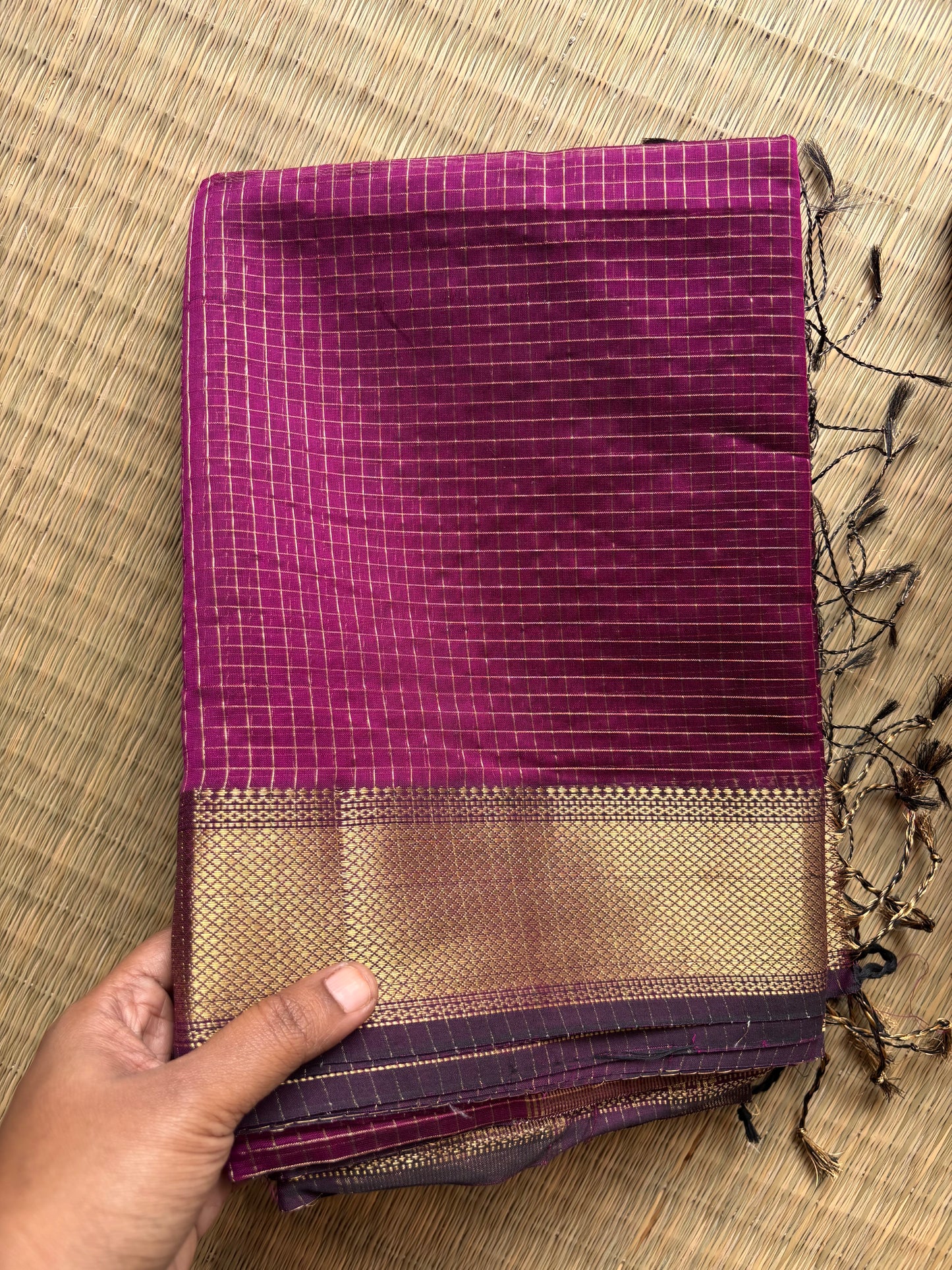 Rani Pink Maheshwari Tissue Saree With Checks