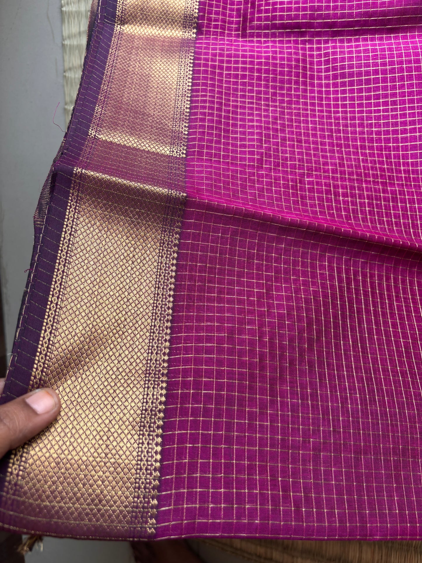 Rani Pink Maheshwari Tissue Saree With Checks