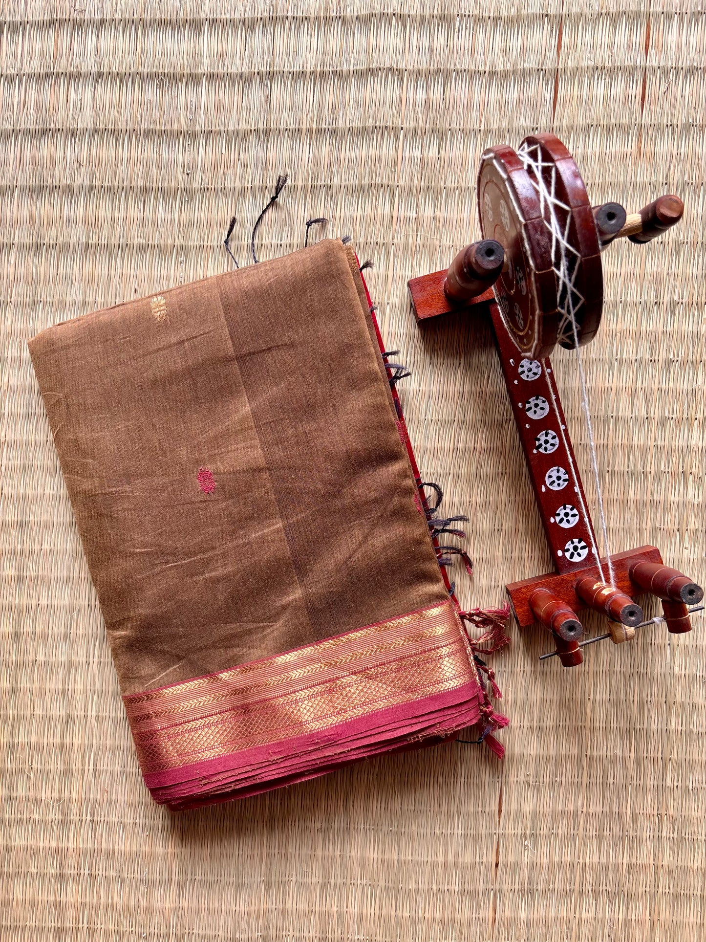 Brown & Red Maheshwari Handloom Saree