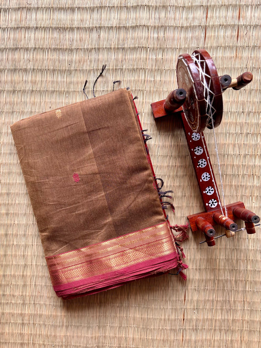 Brown & Red Maheshwari Handloom Saree