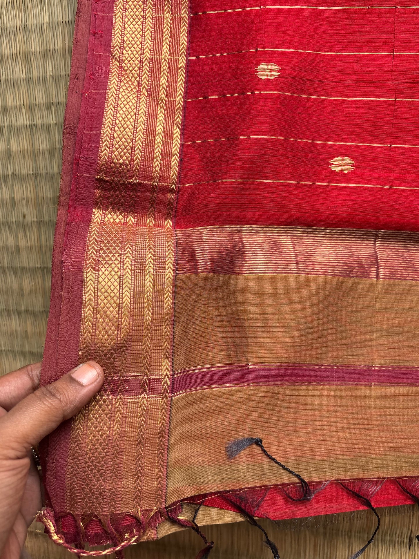 Brown & Red Maheshwari Handloom Saree