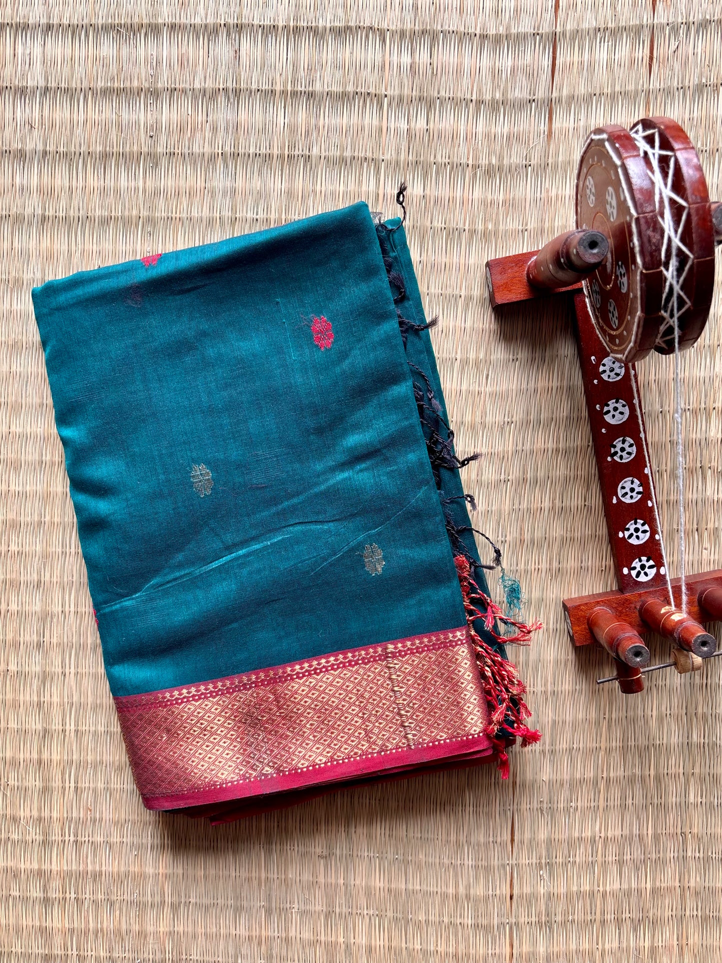 Cobalt Blue Maheshwari Handloom Saree with Red Border