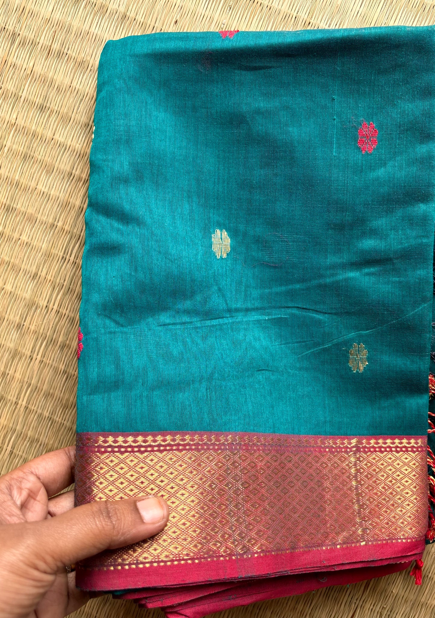 Cobalt Blue Maheshwari Handloom Saree with Red Border