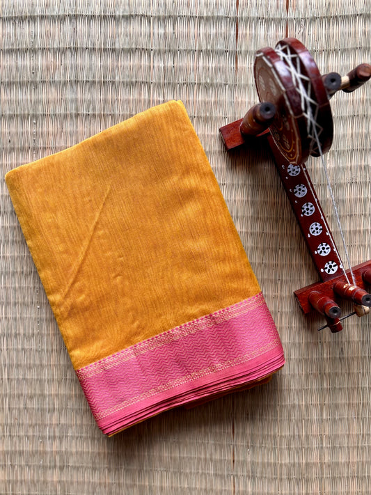 Yellow Maheshwari Handloom Saree with Pink Narmada Border
