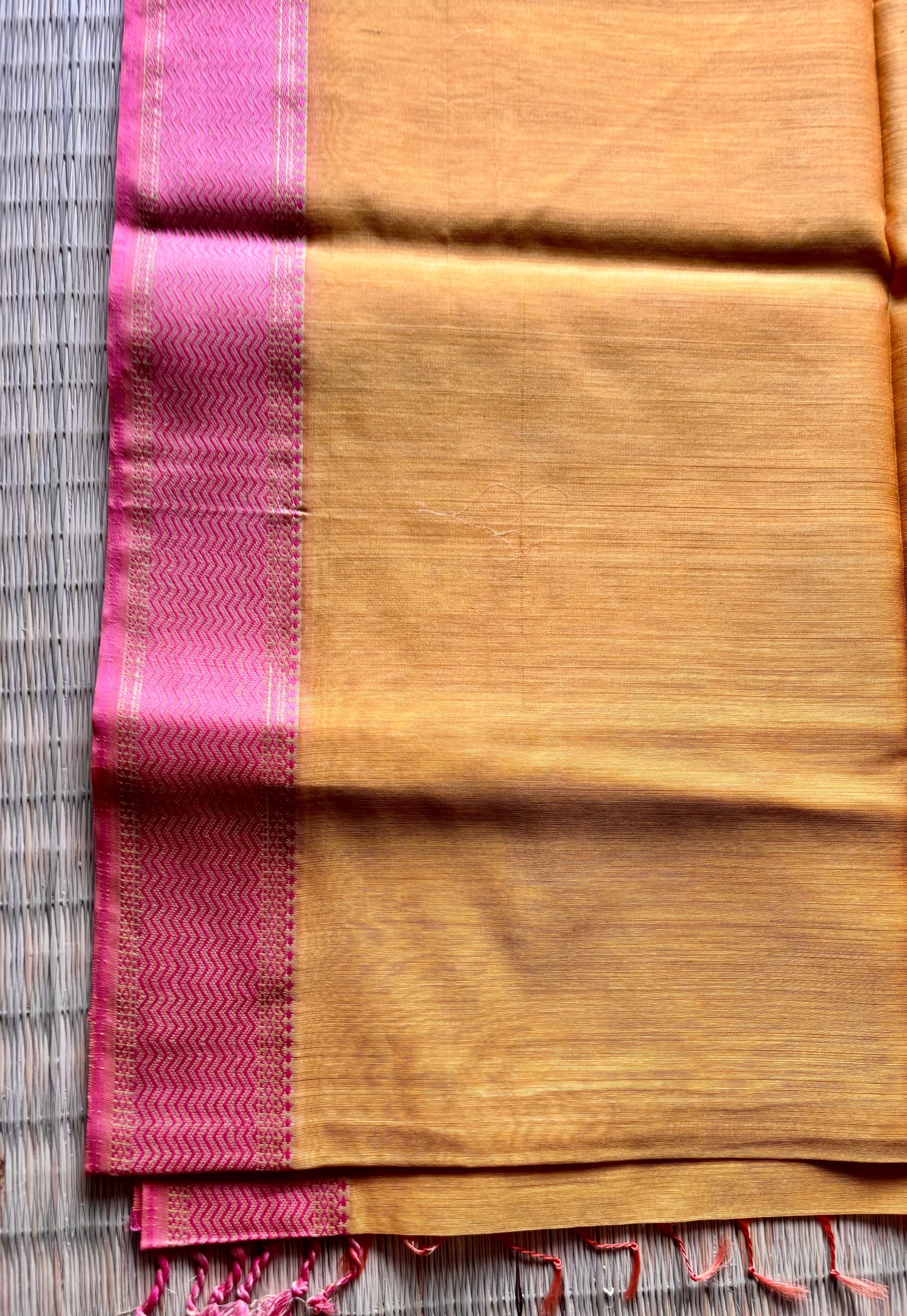 Yellow Maheshwari Handloom Saree with Pink Narmada Border