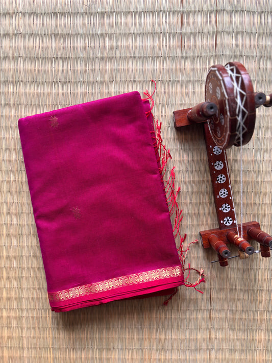 Bright Pink Handloom Maheshwari Saree with Small Gold Border
