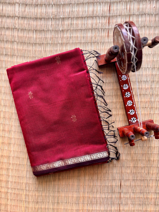 Maroon Handloom Maheshwari Saree with Small Gold Border