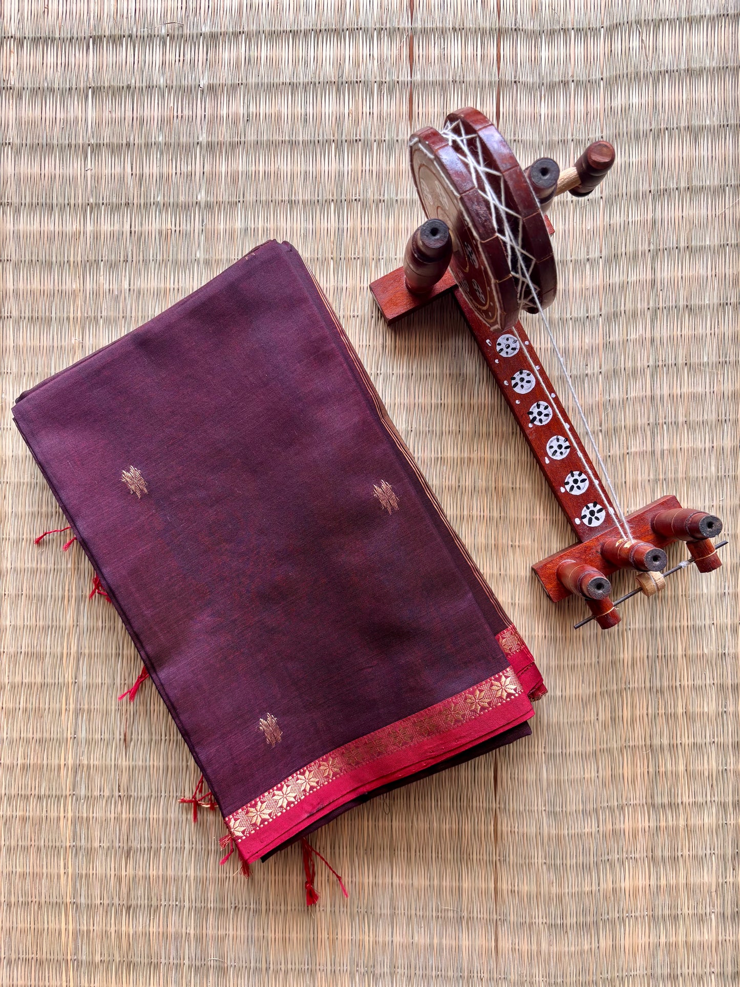 Deep Brown Handloom Maheshwari Saree with Small Gold Border