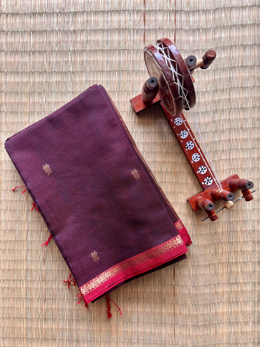 Deep Brown Handloom Maheshwari Saree with Small Gold Border
