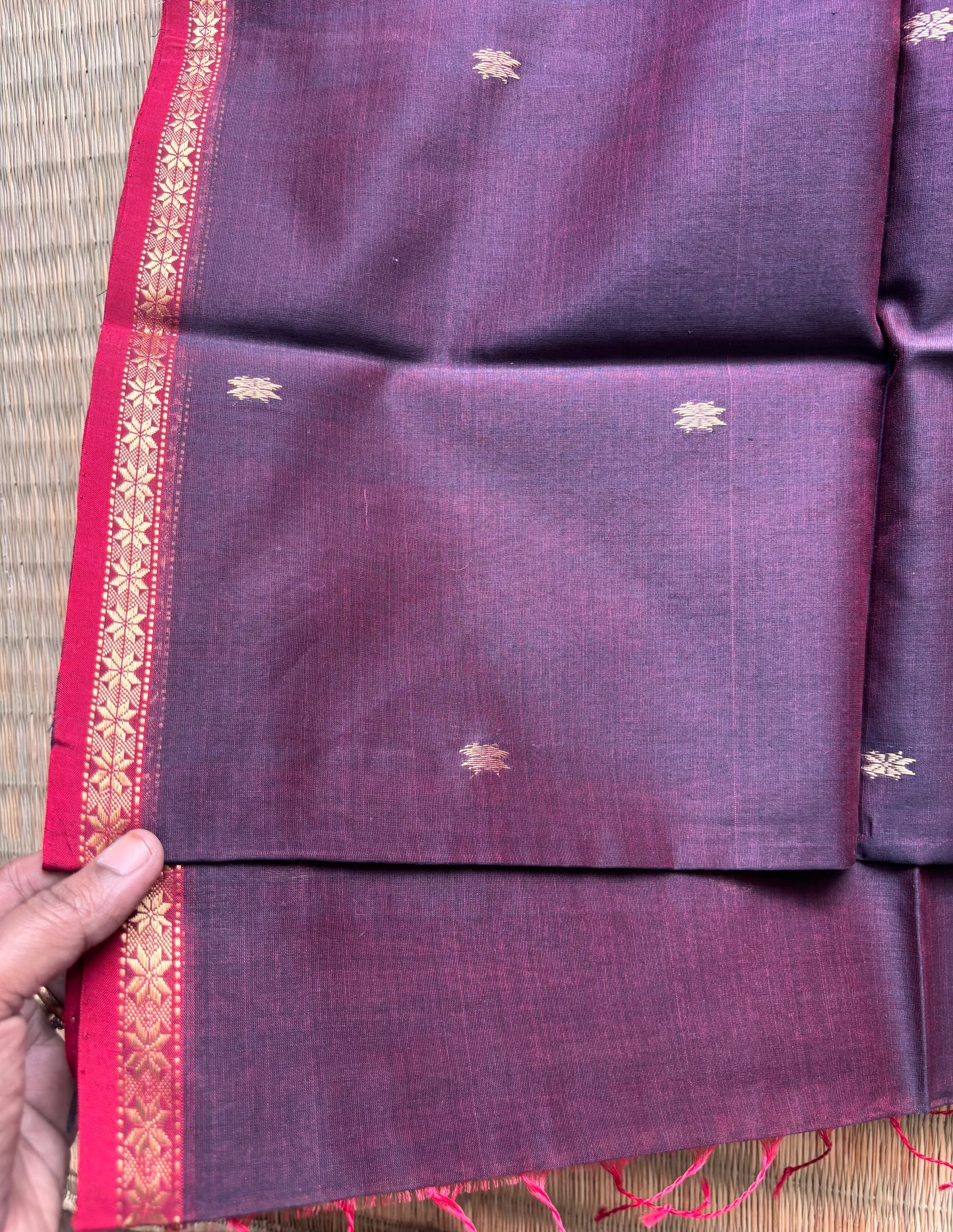 Deep Brown Handloom Maheshwari Saree with Small Gold Border
