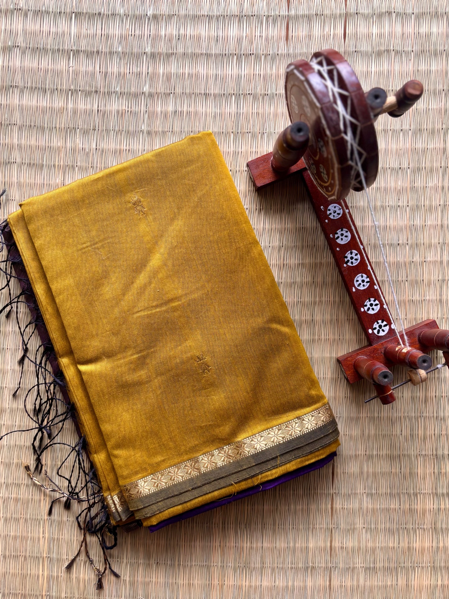 Mustard & Purple Handloom Maheshwari Saree with Small Gold Border