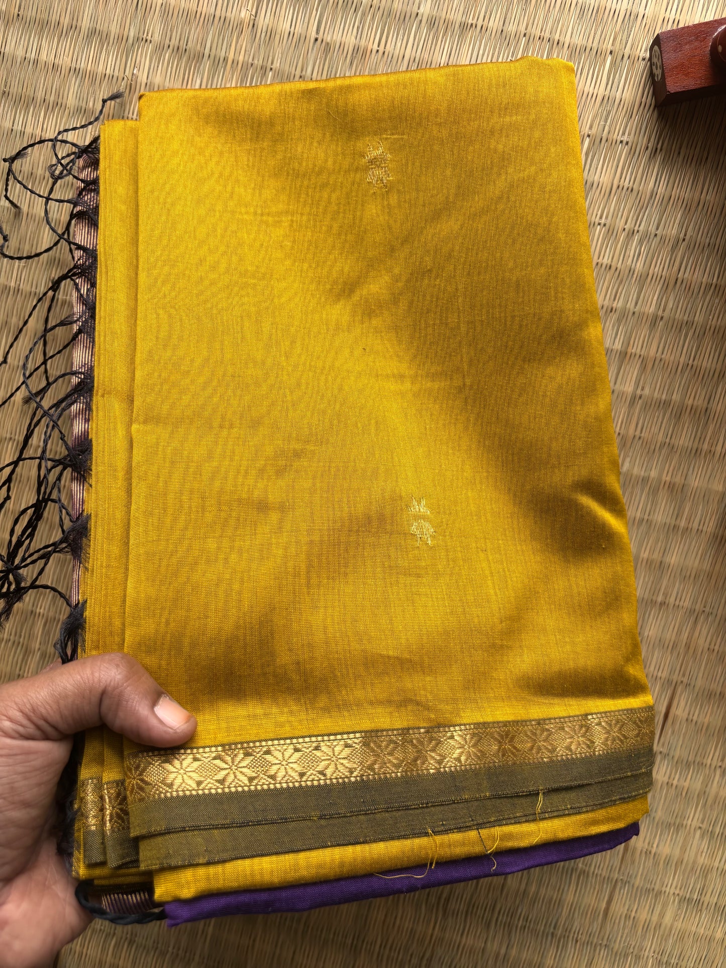 Mustard & Purple Handloom Maheshwari Saree with Small Gold Border
