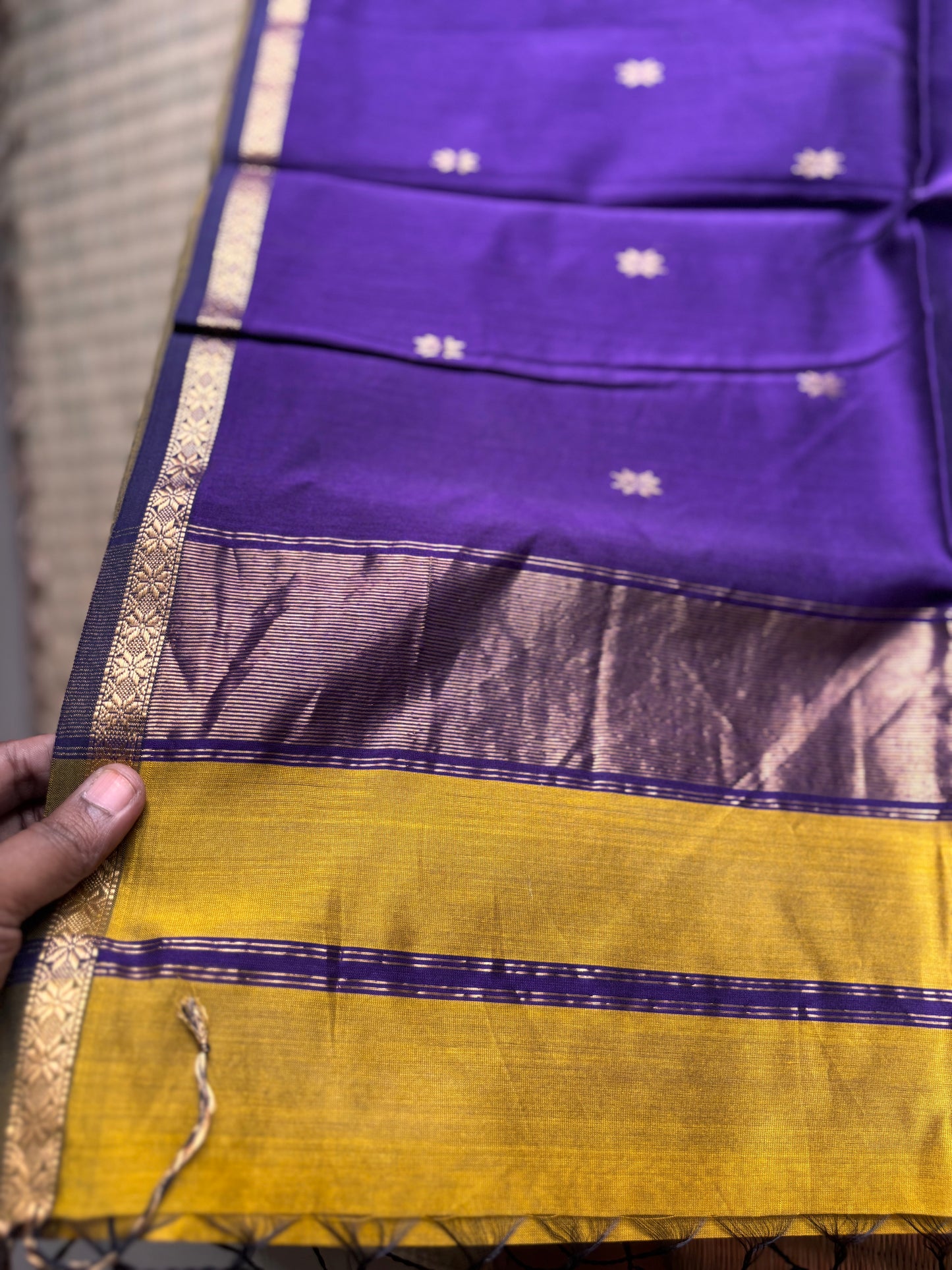 Mustard & Purple Handloom Maheshwari Saree with Small Gold Border
