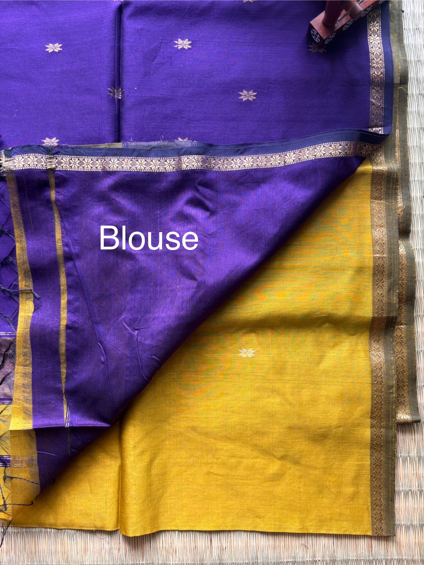 Mustard & Purple Handloom Maheshwari Saree with Small Gold Border