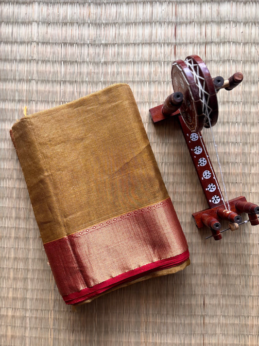Brown & Terracotta Red Tissue Maheshwari Saree