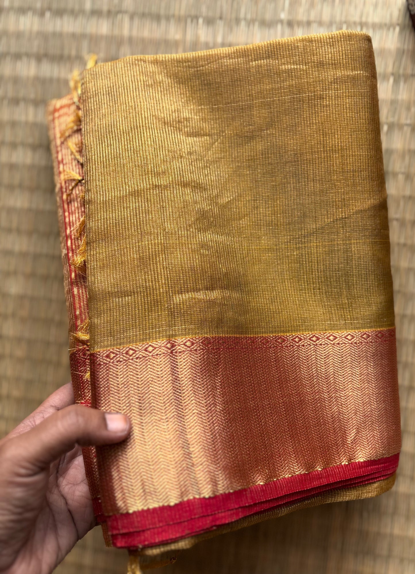 Brown & Terracotta Red Tissue Maheshwari Saree