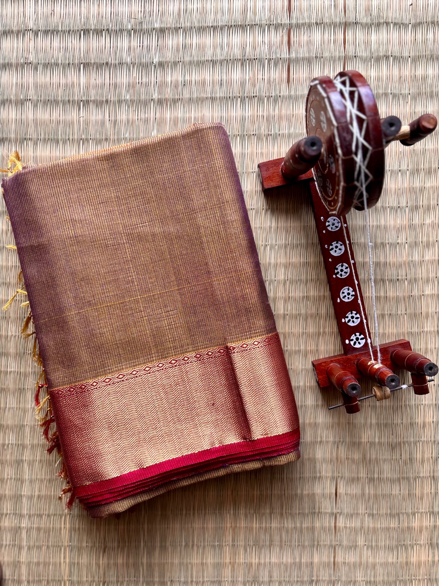 Gold & Terracotta Red Tissue Maheshwari Saree