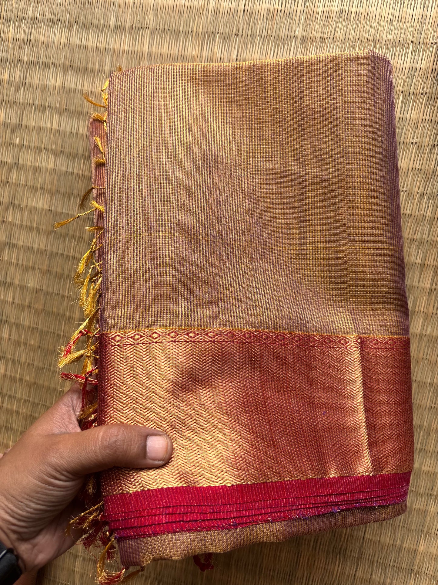 Gold & Terracotta Red Tissue Maheshwari Saree
