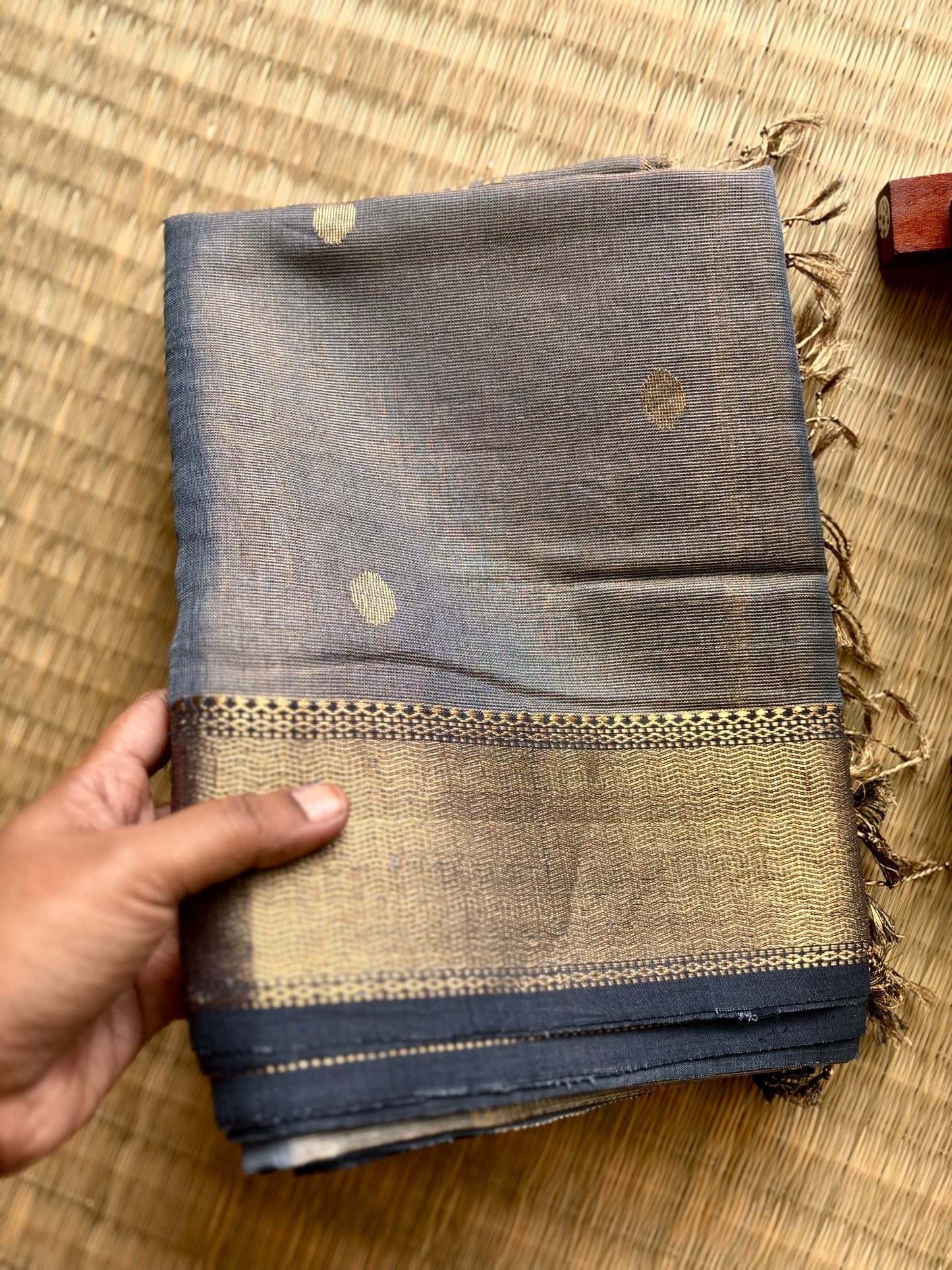 Powder Blue & Gold Maheshwari Tissue Saree