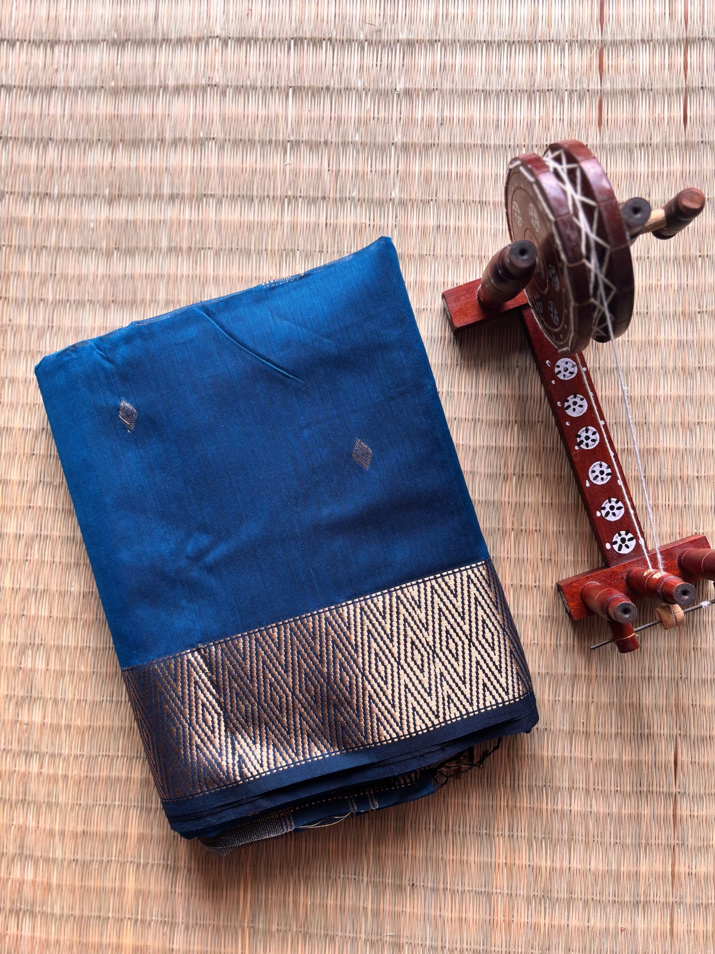 Classic Blue Maheshwari Saree with Geometric Gold Zari Border