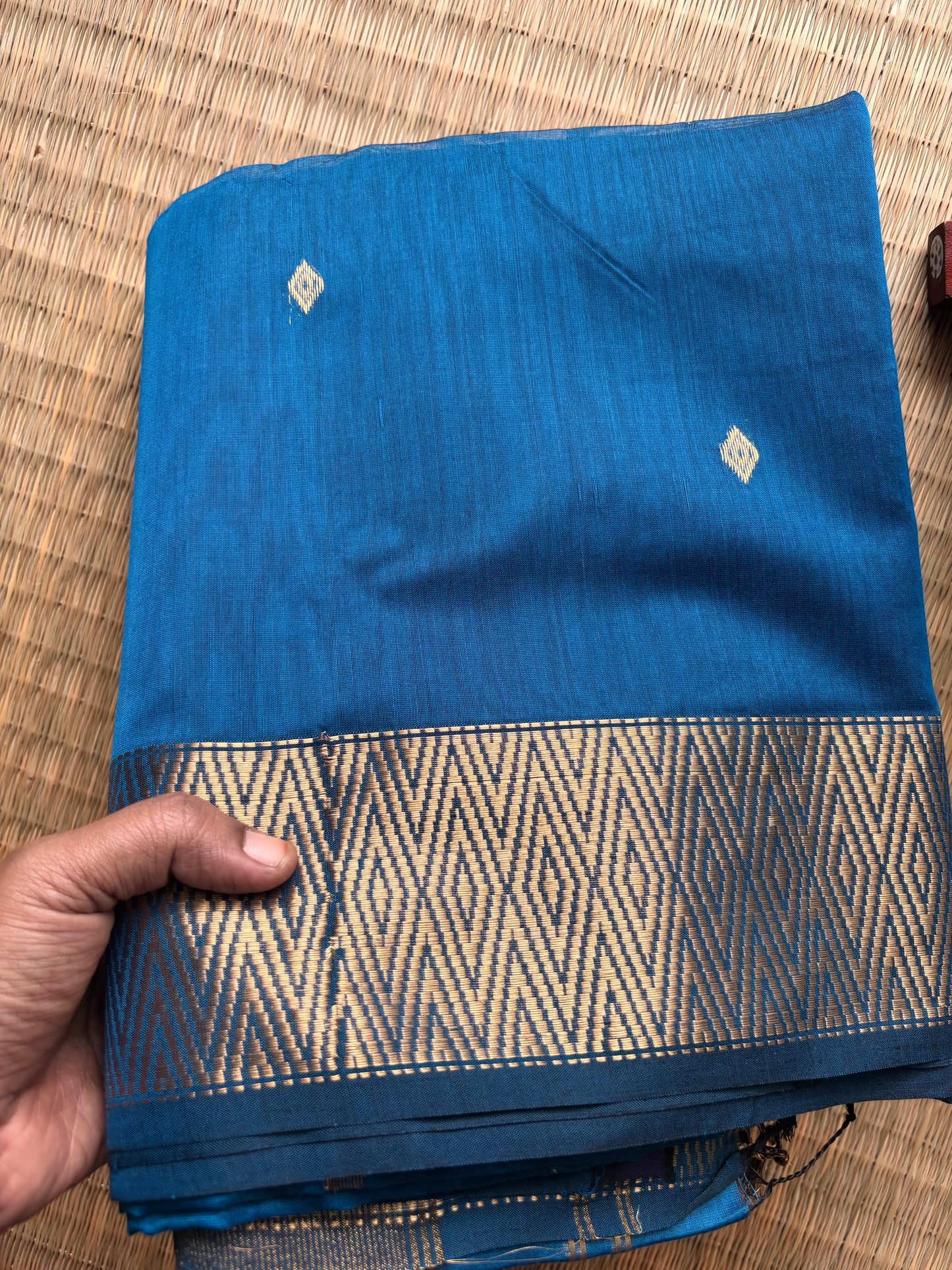 Classic Blue Maheshwari Saree with Geometric Gold Zari Border
