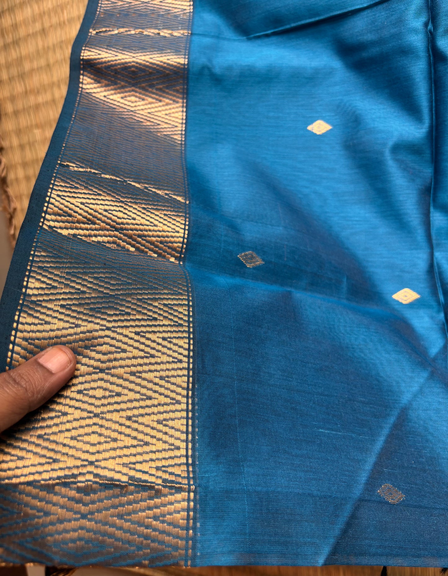 Classic Blue Maheshwari Saree with Geometric Gold Zari Border
