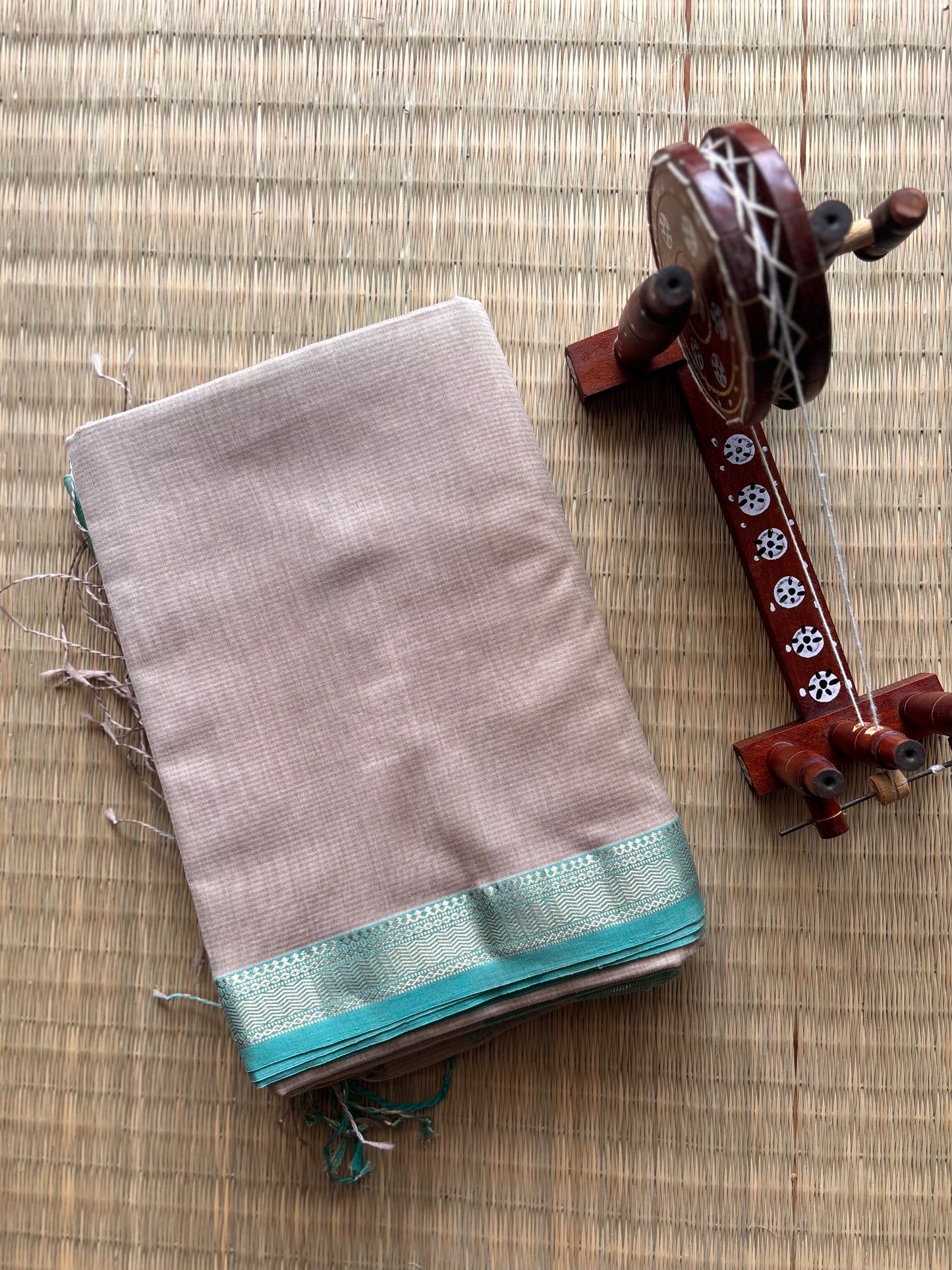 Beige and Turquoise Classic Maheshwari Saree