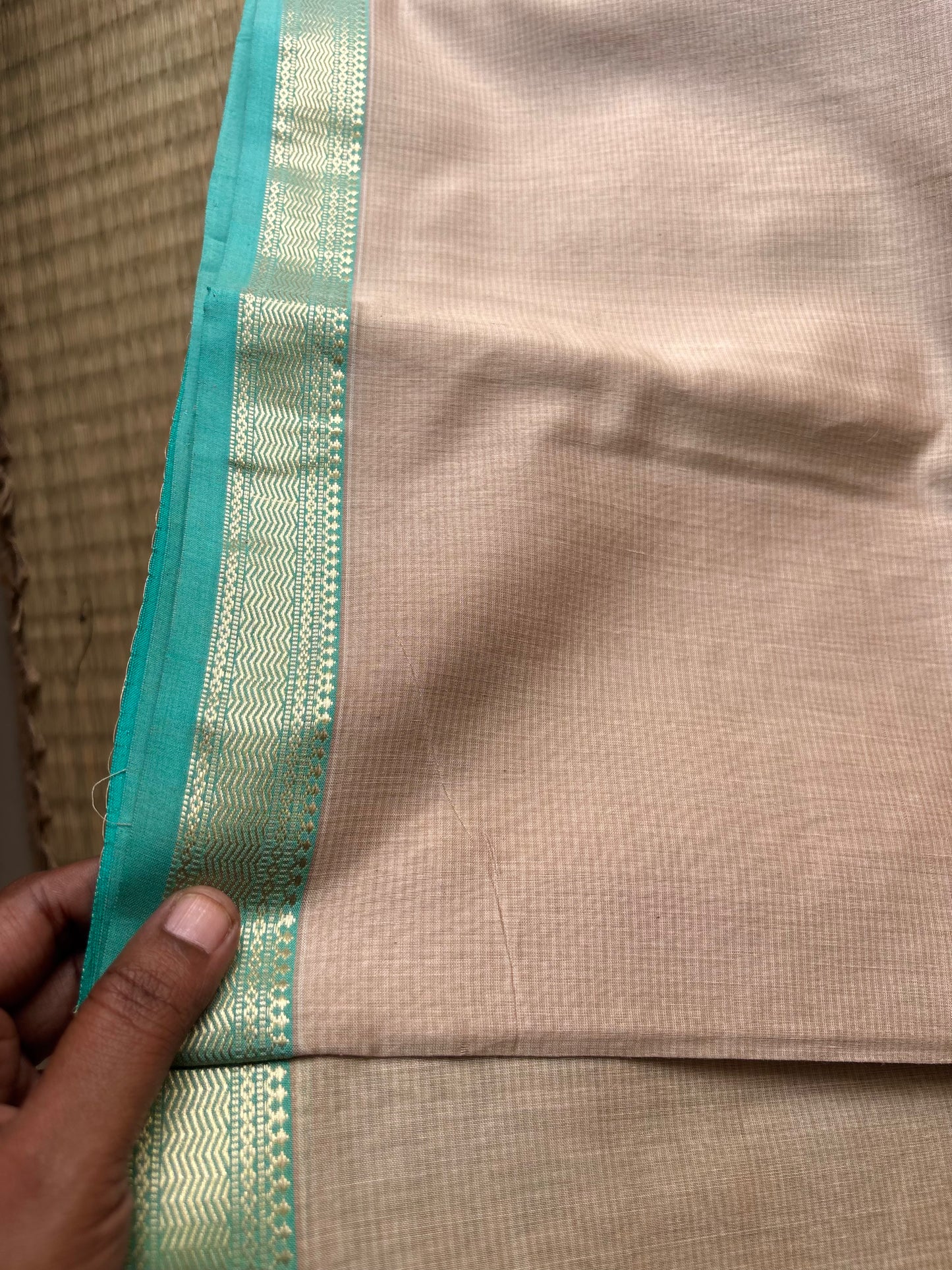 Beige and Turquoise Classic Maheshwari Saree
