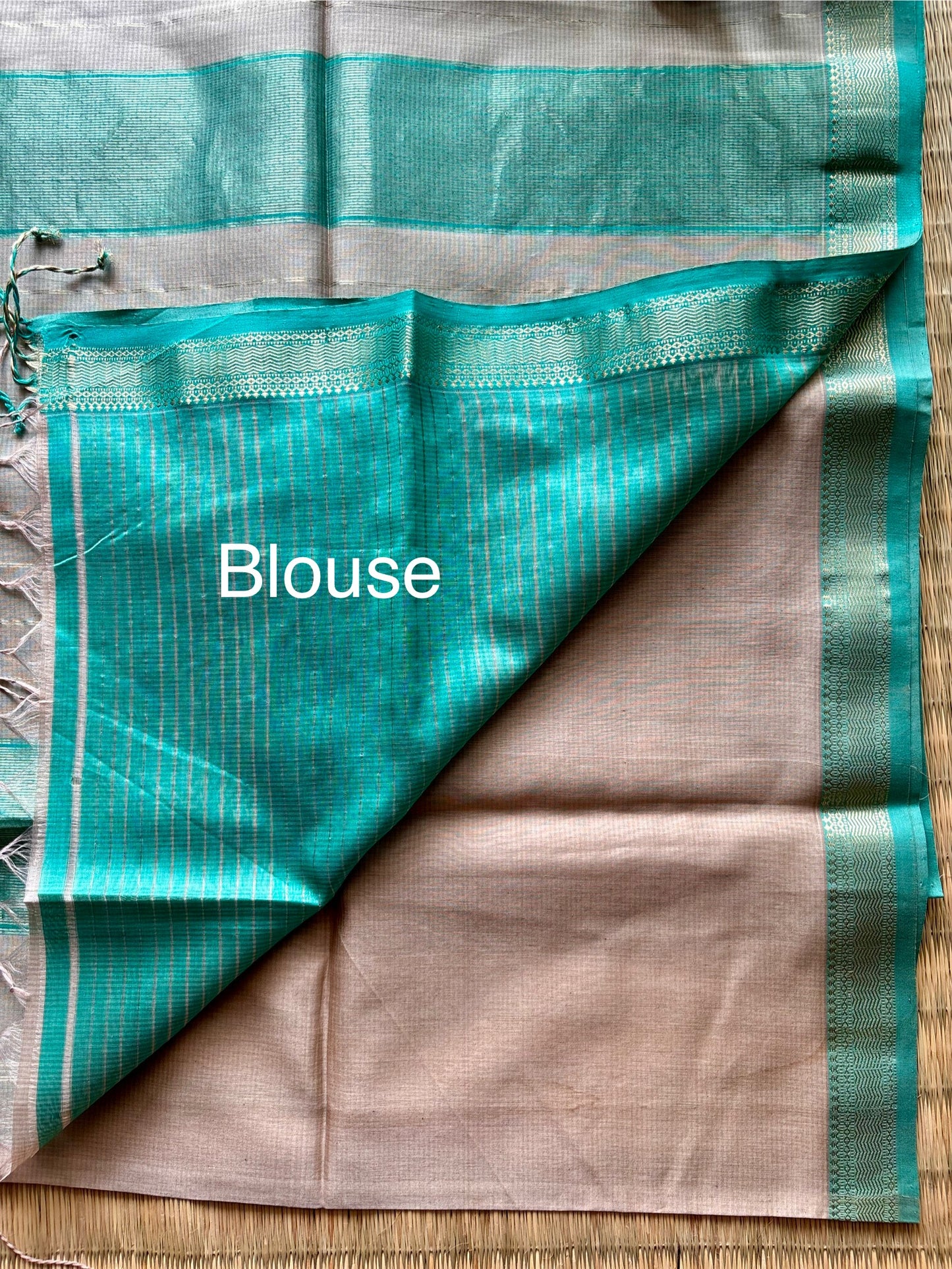 Beige and Turquoise Classic Maheshwari Saree
