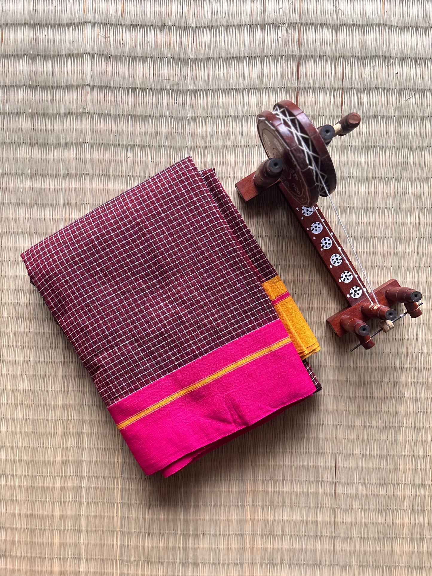 Maroon Patteda Anchu Cotton Handloom Saree with Yellow & Pink Border