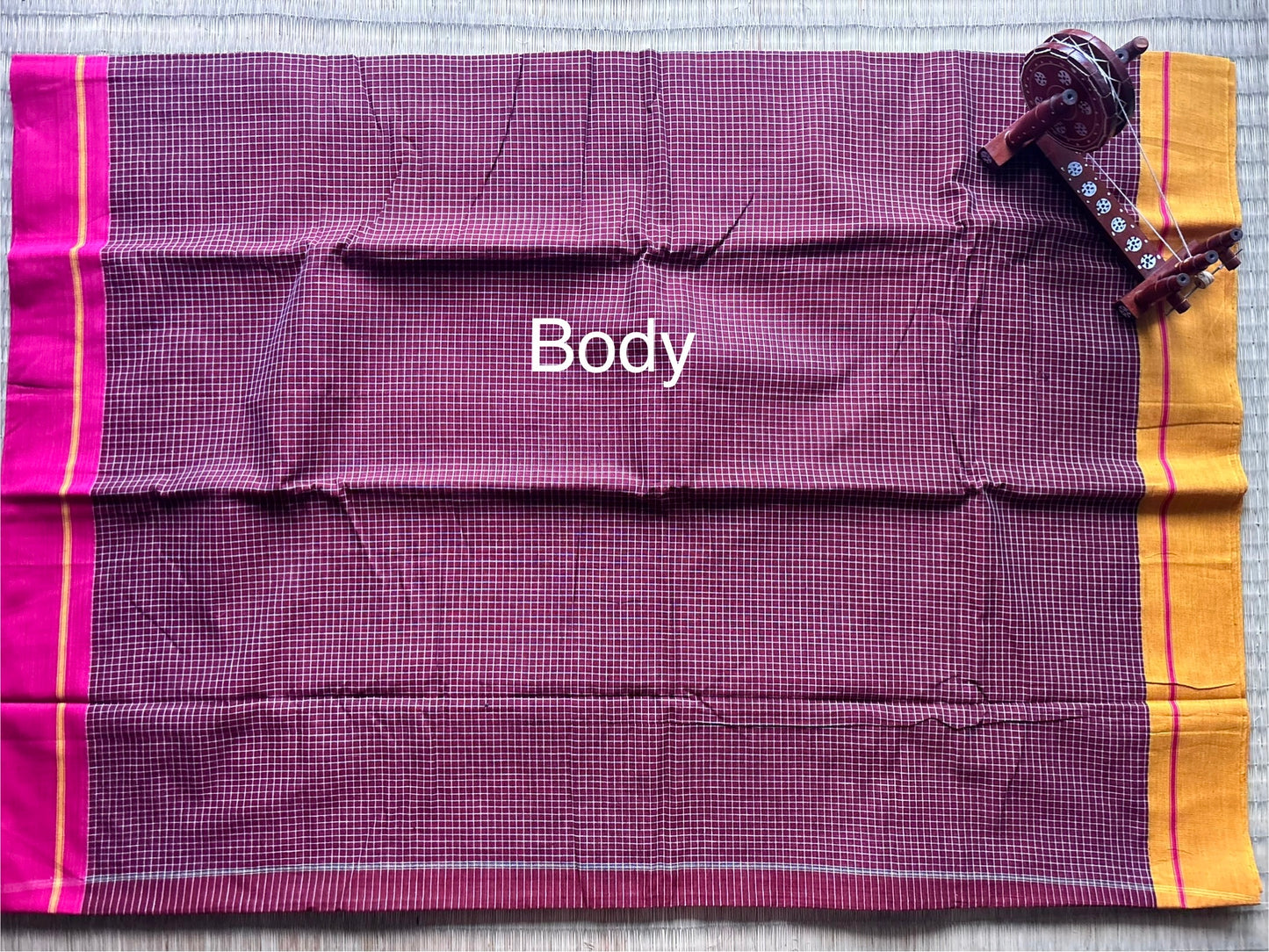 Maroon Patteda Anchu Cotton Handloom Saree with Yellow & Pink Border