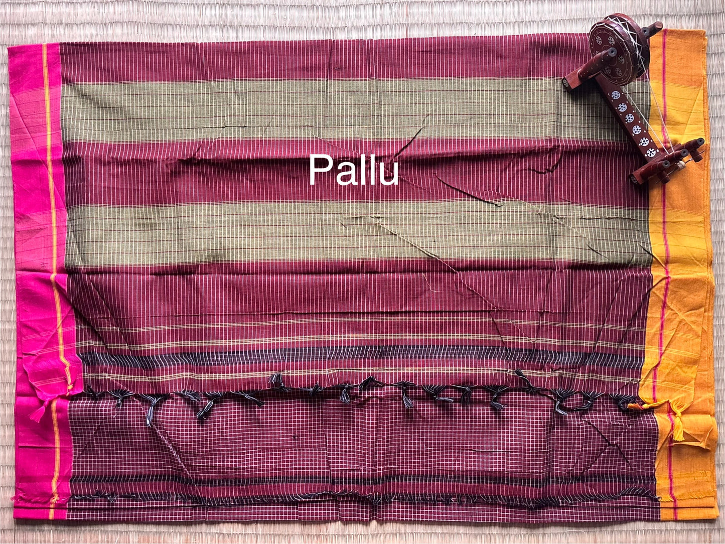 Maroon Patteda Anchu Cotton Handloom Saree with Yellow & Pink Border