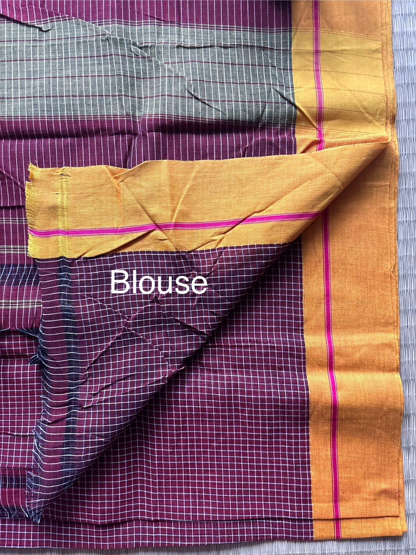 Maroon Patteda Anchu Cotton Handloom Saree with Yellow & Pink Border