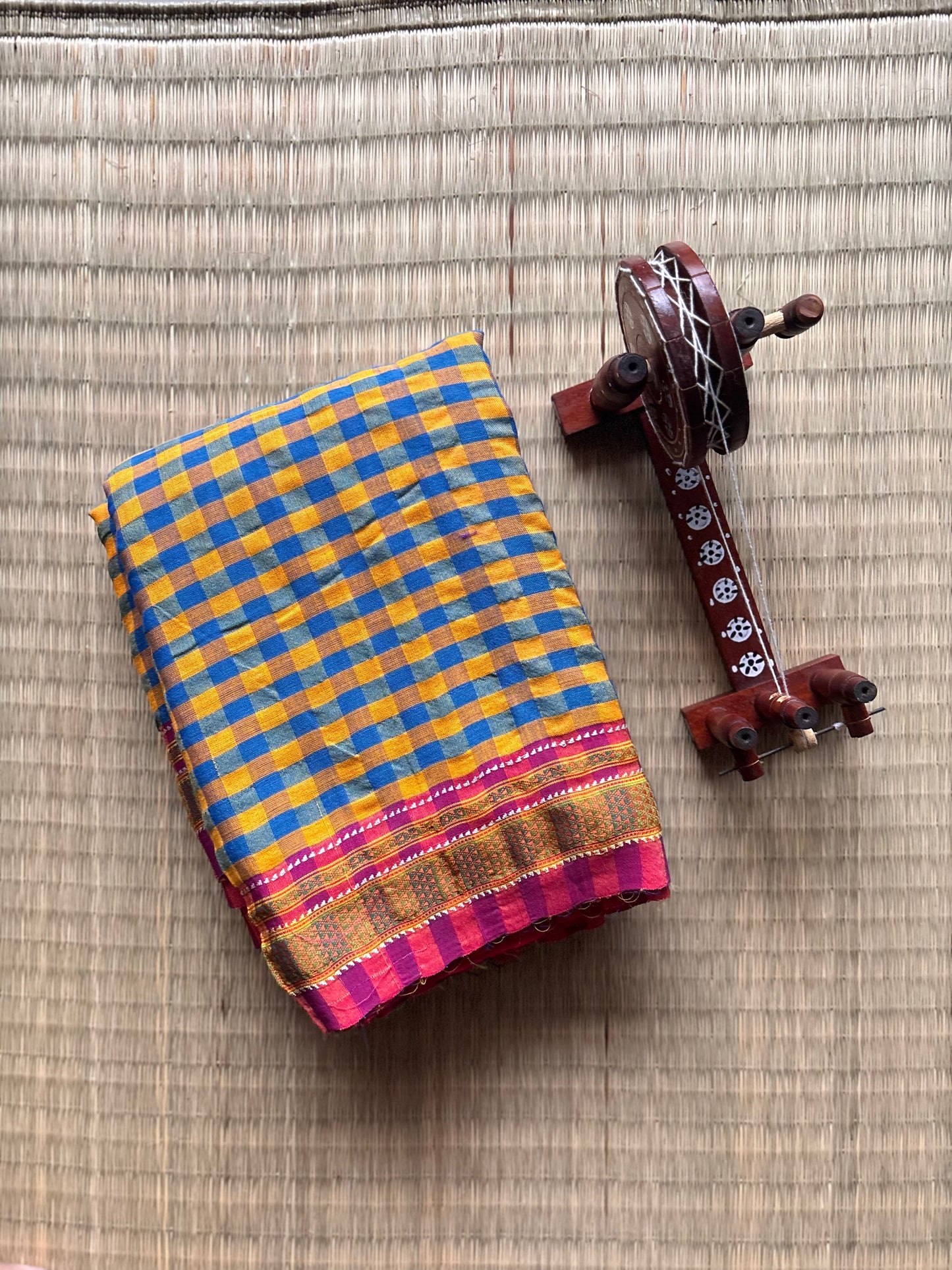 Mustard and Teal Madras Checks Handloom Ilkal Saree